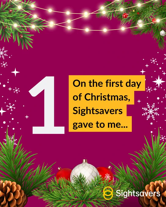 Promotional image by Sightsavers showcasing a festive Christmas theme with a large '1' on a magenta background, framed by pine branches, Christmas lights, and decorations. Text reads: "On the first day of Christmas, Sightsavers gave to me..."