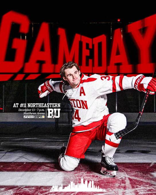 Game day graphic featuring photo of Cole Eiserman celebrating on ice. BU at #11 Northeastern, December 13, 7 PM, at Matthews Arena on NESN and ESPN 