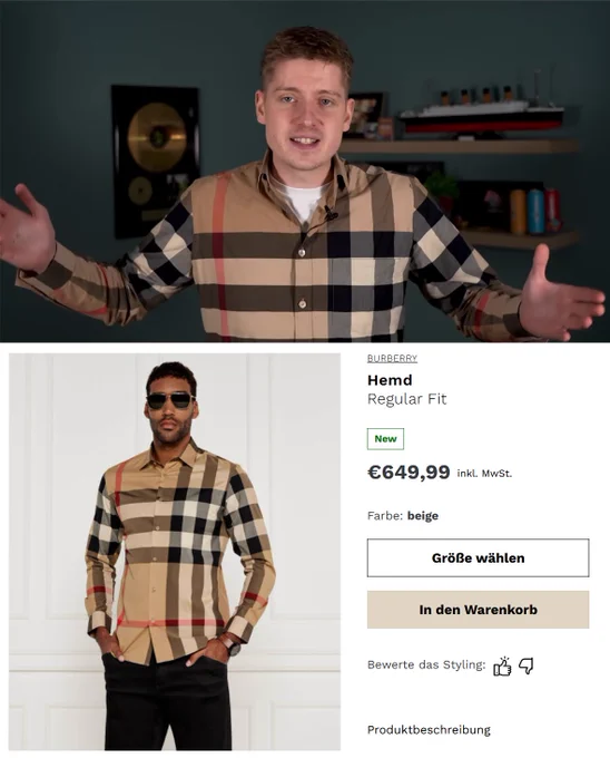 Bild von KuchenTV mit einem Hemd und darunter ein Screenshot von einer Produktseite, auf der das Hemd von Burberry 649 Euro kostet.