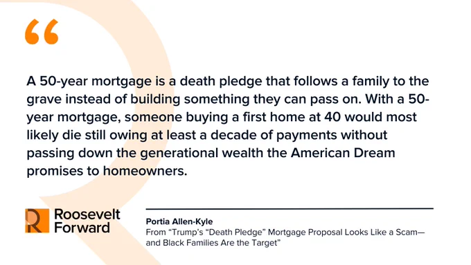 Roosevelt Forward quote graphic reads: A 50-year mortgage is a death pledge that follows a family to the grave instead of building something they can pass on. With a 50-year mortgage, someone buying a first home at 40 would most likely die still owing at least a decade of payments without passing down the generational wealth the American Dream promises to homeowners.