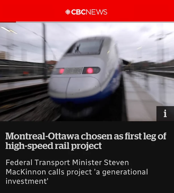 Screenshot of an article from CBC News. The headline reads: Montreal-Ottawa chosen as first leg of high-speed rail project.