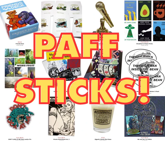 yellow font with a slightly offset red border reads PAFF STICKS! an image of our website's fine offerings is the background.