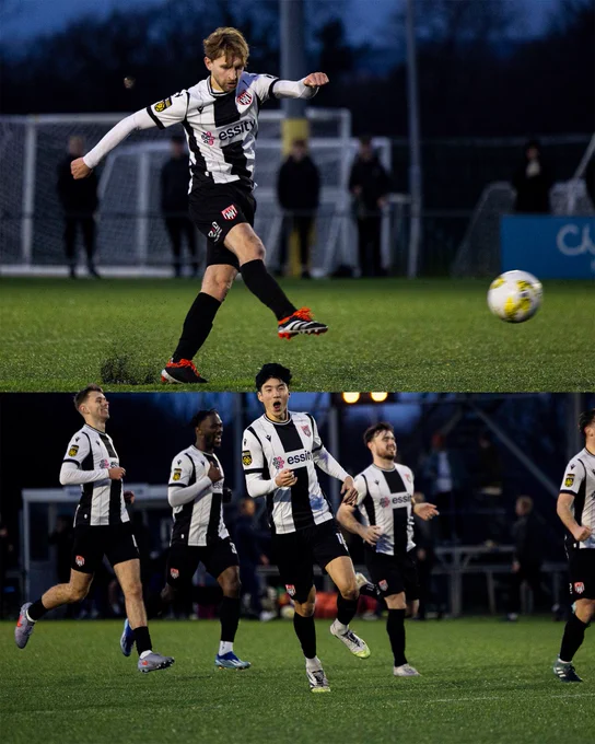 Jake Phillips scores the winning penalty for Flint Town United against Penybont.