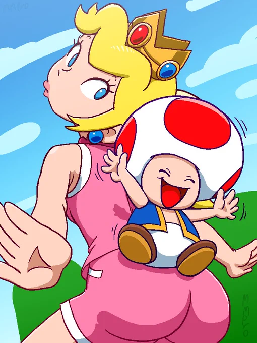 This is the best colored art of Peach and Toad I've ever made so far, although I did steal Peach's colors from Mario Hoops 3-on3, and Toad pretty much has custom colors.

The twist is that it's an experimental art piece with both posing, overlapping objects, and perspective all at once.