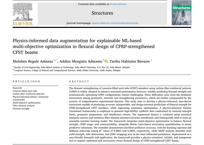 The abstract of the paper "Physics-informed data augmentation for explainable ML-based multi-objective optimization in flexural design of CFRP-strengthened CFST beams" 