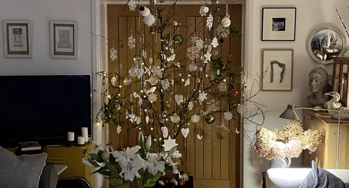A tastefully decorated pan-faith seasonal shrub adorns the Boatman household