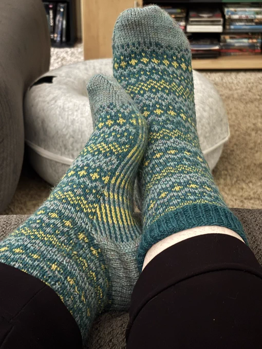 Blue, green, grey, yellow knit socks