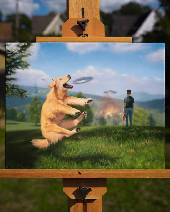 Oil painting of a Golden Retriever jumping to catch what looks like a frisbee but is actually a UFO in the distance.