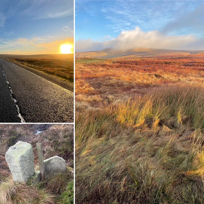 Collage of three photos of Peak District: sunrise on Snake Pass: sunlit clouds gather on Gathering Hill: two local boundary stones