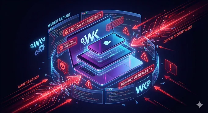 Apple security alert showing WebKit zero-day vulnerabilities impacting iOS, macOS, and Safari with active exploitation warnings.