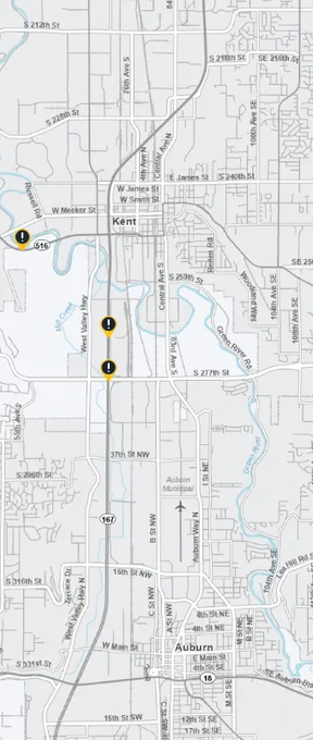 A map showing the location of a full closure on both directions of SR 167 between S 212th St (mp 22) to 15th Street NW (mp 16) due to water on the roadway. 