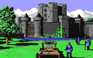 Medieval stone castle with towers and a large wooden gate, grassy courtyard, knights in blue armor and a battering ram in the foreground.