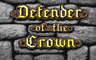 Medieval stone wall background with ornate gold Gothic text reading "Defender of the Crown," evoking a classic retro video game title screen.