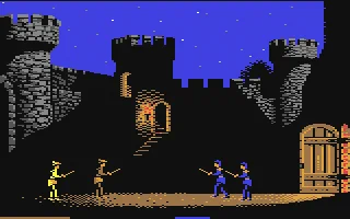 Pixel-art medieval castle courtyard at night with two armed blue soldiers confronting two yellow figures near a stair-lit gate.