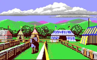 Medieval tournament scene with a knight in armor on a bridge facing colorful tents and rolling hills under a cloudy sky.