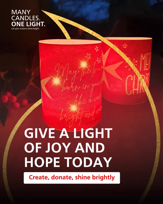 The image shows two red candles with a message saying "Merry Christmas" and "May the love of God burn in your heart like a candle: bright and warmin".  There is also text that says "Many candles. One light. Let your actions shine bright.", "Give a light of joy and hope today" and encouragement to "Create, donate, shine brightly."