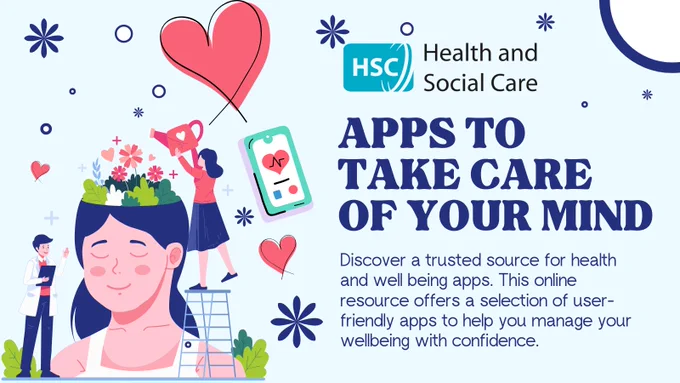 Promotional image for Health and Social Care's mental health apps. Features an illustration of a person relaxing with plant imagery in their mind, surrounded by health app icons, medical professionals, and wellness symbols. Text says apps to take care of your mind. Discover a trusted source for health and well being apps. This online resource offers a selection of user-friendly apps to help you manage your wellbeing with confidence.