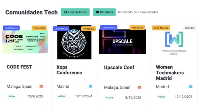 Captura del directorio mostrando las fichas de Code Fest, Xops Conference, Upscale Conf y Women Techmakers Madrid