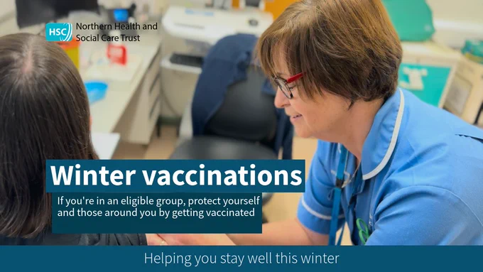 A nurse gives a vaccine to a woman. Text reads 'winter vaccinations, if you're in an eligible group protect yourself and those around you by getting vaccinated'.