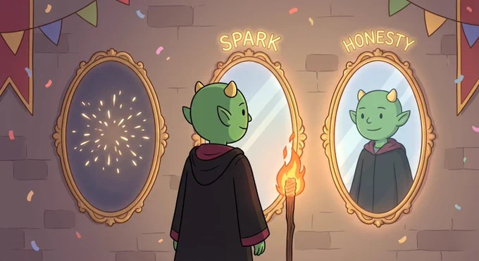Koop standing before two glowing mirrors labeled “Spark” and “Honesty.”