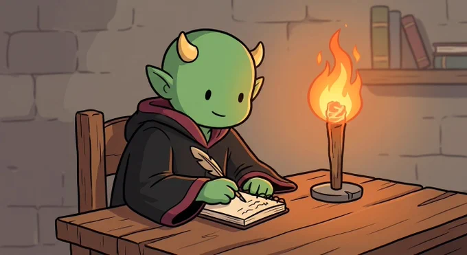 Koop writing in a small notebook by torchlight, page by page, calmly focused.