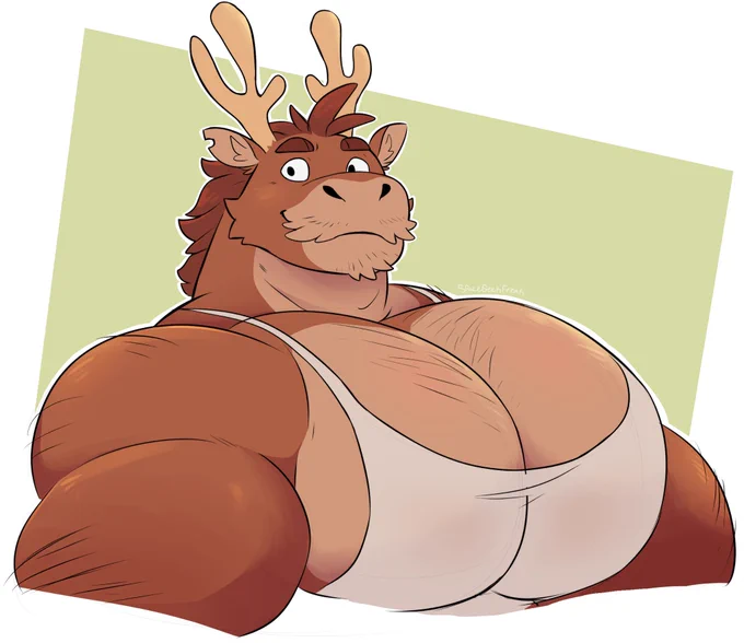 A buff reindeer smiles at you! He’s wearing a tight and worn white tank top!