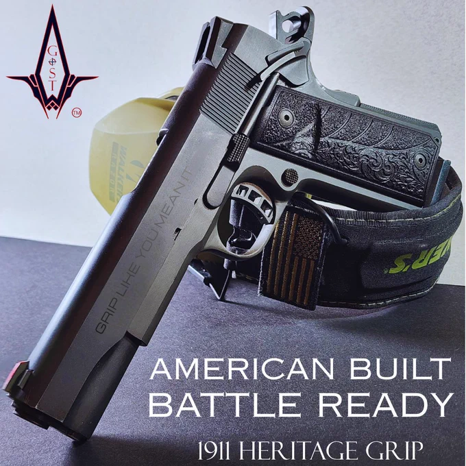 Heritage-style pistol grips displayed alongside ear protection labeled “American Built Battle Ready,” highlighting American-made craftsmanship and rugged, utilitarian design.