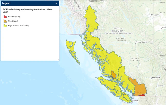 Flood watch area includes tributaries of the Lower Fraser including the Lillooet River and tributaries around Pemberton, the Fraser Valley, Fraser Canyon, and North Shore Mountains (separate Flood Warning for the Sumas River), Kingcome River and Englishman River.