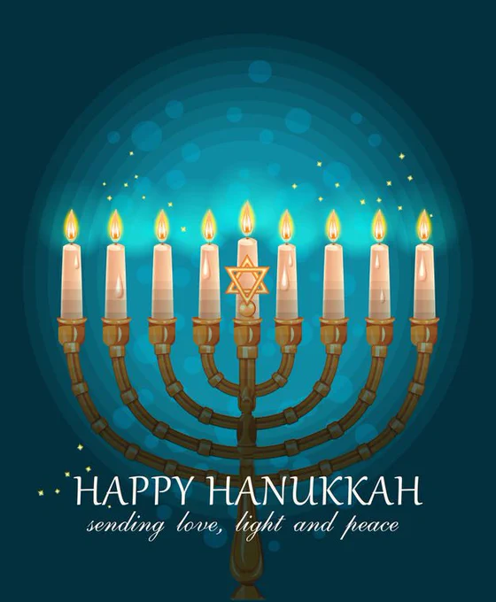 Menorah with nine lit candles glowing against a blue background, featuring a Star of David and a Happy Hanukkah message.