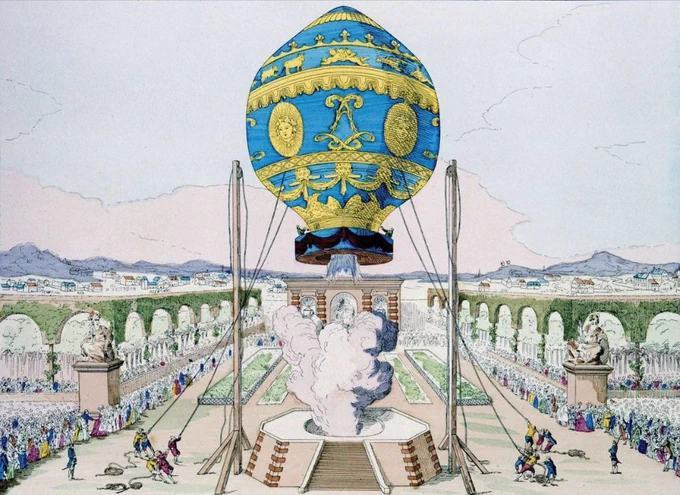 Color engraving of a blue and yellow painted hot airc balloon rising above clouds of steam
