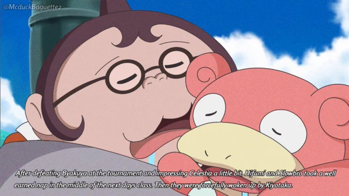 After defeating Byakuya at the tournament and impress Celestia a little bit, Hifumi and Slowbro took a well earned nap in the middle of the next days class. Then they were forcefully woken up by Kiyotaka.