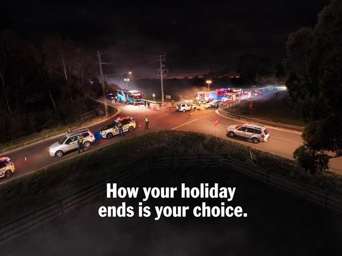 A road crossing viewed from above with emergency service vehicles and police attending a road crash. Wording is How your holiday ends is your choice.