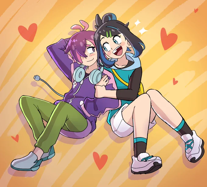digital art of dot and liko from pokemon horizons. liko smiles happily as she clings to a sheepish-looking dot's arm.