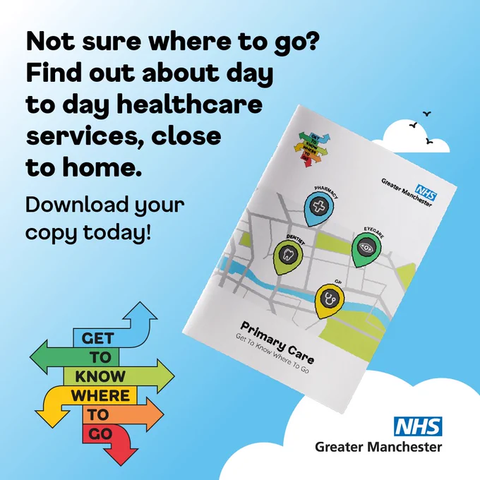 Visual contains a picture of the primary care booklet in a cloudy sky.  A stack of arrows pointing in different directions contains the words get to know where to go. 
Text reads: Not sure where to go? Find out about day to day healthcare services, close to home. Download your copy today!
Logo: NHS Greater Manchester
