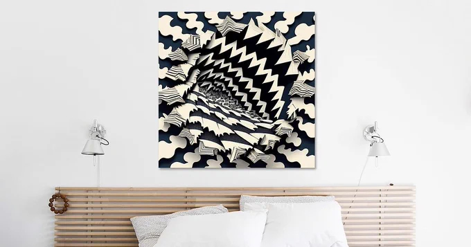 The image titled "Fractured Pattern" presents a visually striking abstract composition dominated by jagged, zigzagging forms that seem to emerge from or collapse into a central vortex. The design consists of high-contrast black-and-white patterns, resembling a shattered or warped geometric structure. Surrounding the core distortion, wavy, cloud-like shapes ripple outward, contributing to a sense of dynamic movement and surreal depth. The edges of the fragmented sections appear layered, almost as if peeling away, revealing deeper recesses of intricate detail. The visual effect creates a mesmerizing interplay between chaos and symmetry, making the viewer question the boundary between order and disorder. This artwork evokes themes of distortion, transformation, and the unpredictable nature of perception.