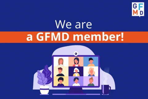 A blue background graphic that says we are a GFMD member! announcing our recent addition to the GFMD family this December