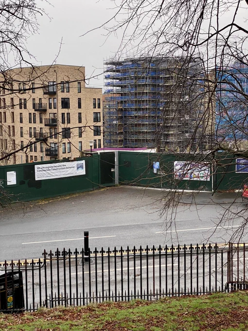 Taken on Saturday, this shows the now missing gatehouse to the Victoria Infirmary at Glasgow’s Queens Park which was sadly demolished just hours beforehand and with new buildings of ‘The Victoria’ development under construction in the background.