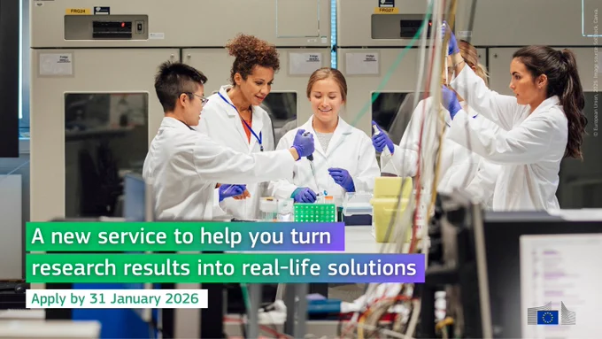 Five scientists in a lab. Caption "A new service to hel you turn research results into real-life solutions. Apply by 31 January 2026"