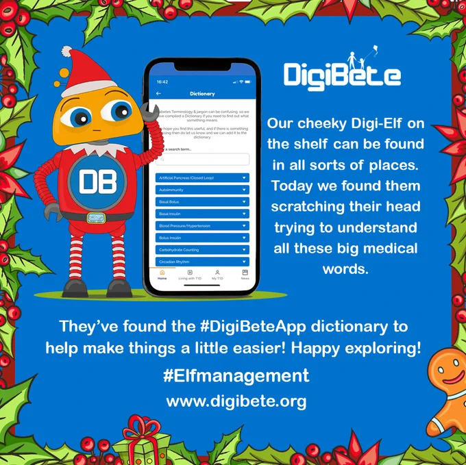 Animated Digi-Elf in red outfit and santa hat points to a phone showing the DigiBete app dictionary, surrounded by festive holly and gifts.