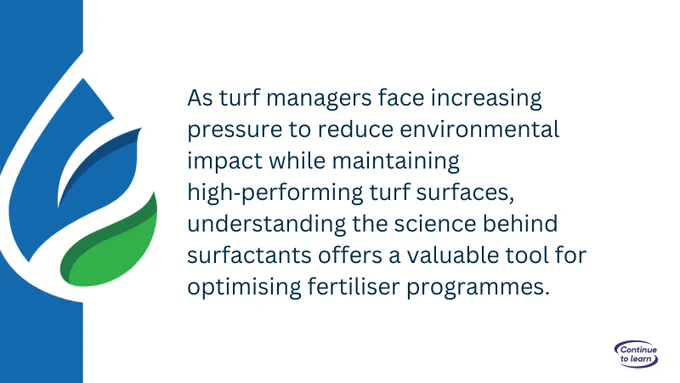 Graphic illustrating the importance of surfactants in optimizing fertilizer programs for turf management, featuring a stylized droplet logo next to text discussing the environmental impact and maintenance of high-performing turf surfaces.