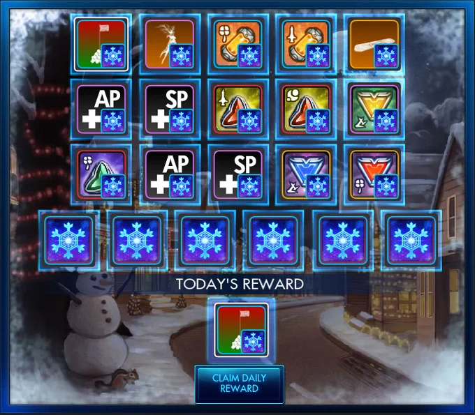 The Daily Login Window in Secret World Legends displaying 21 boxes of in-game rewards at the top while the specific reward for the day is displayed at the bottom. The background of the window is decorated with a snowy street that has a friendly snowman smiling in front of a large evergreen tree wrapped in red garland on the left side of the road. On the right is a cozy home decked out with warm yellow string lights on the house. There is text stating "TODAY'S REWARD" in white letters on a blue banner above a square containing an in-game icon of a Pile of Snowballs. Below the icon box are the words “CLAIM DAILY REWARD” in white letters on a blue button near the bottom.
