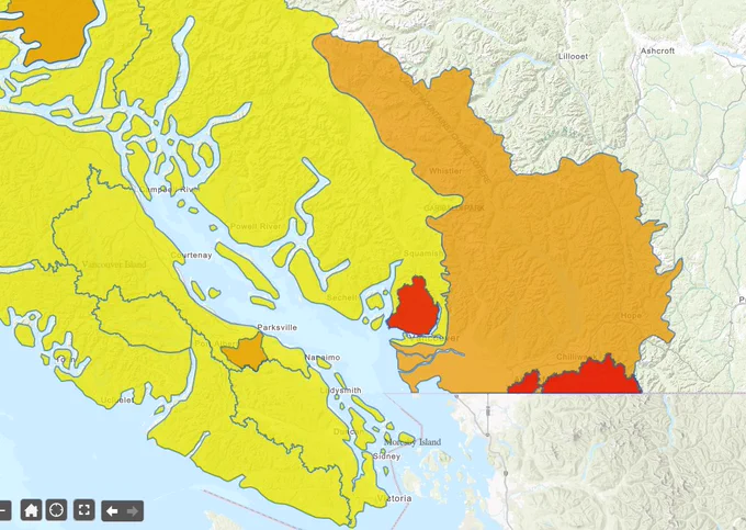 Map of area depicting current flood warning levels around the South coastal region of BC. River Forecast Centre has upgraded the Flood Watch to a Flood Warning for the North Shore Mountains area.