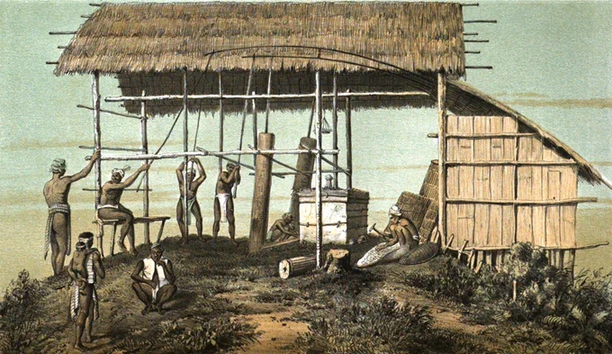 Color drawing of traditional gold smelters in Borneo in the mid 19th century. Depiction by Dutch colonial geologist Carl Anton L. M. Schwaner, 1853. Image in the public domain: https://bit.ly/3Mhaxrj.