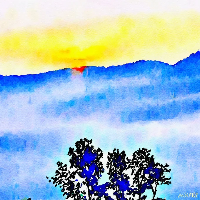 Watercolor landscape from Asheville, North Carolina — layered blues and soft gold light, holding the moment when anger gives way to love.