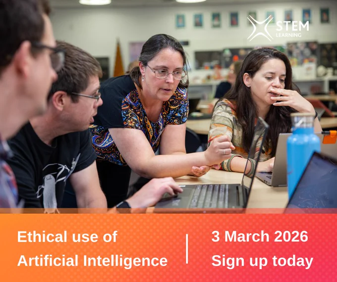 A group of people sat around a tablet. A young man is sat in front of a laptop, and a woman standing behind him is pointing to something on the screen. Text at the bottom of the image says 'Ethical use of Artificial Intelligence. 3 March 2026. Sign up today.'