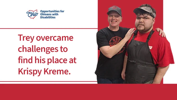 Kristina, Krispy Kreme Manager, and Trey Prentice. Text, "Trey overcame challenges to find his place at Krispy Kreme." OOD logo.