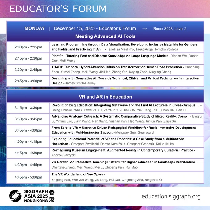 Two tables with text showing the schedule for Monday's sessions at SIGGRAPH Asia 2025. The full, accessible text is available at https://sa2025.conference-schedule.org/?filter1=sstype104