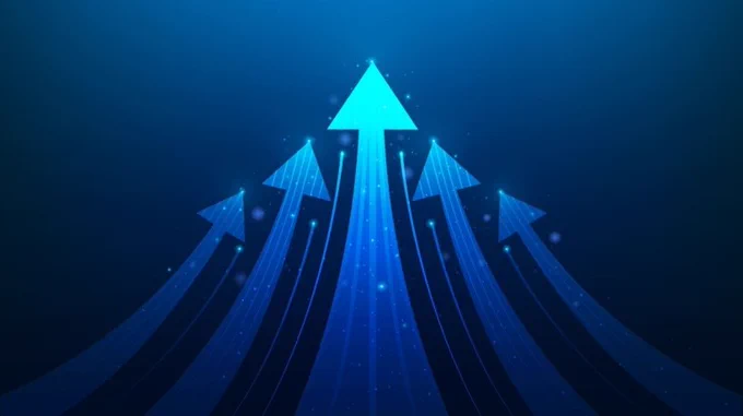 Glowing blue arrows ascending against a dark background symbolizing growth and progress.