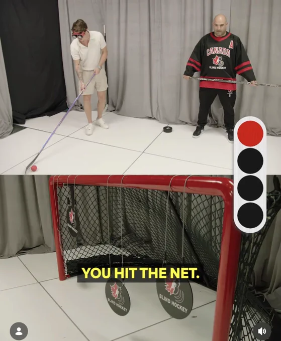 Screenshot of Mitch Marner trying the Blind Hockey challenge in Studio. He is wearing vision simulator goggles and Mark is holding his lined hockey stick. The bottom screenshot shows the Blind Hockey net with targets.