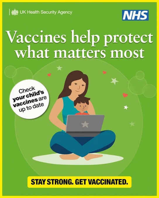 Vaccines help protect what matters most. Check your child's vaccines are up to date. Stay strong. Get vaccinated.

An illustration of a woman and her child browse on a laptop computer.